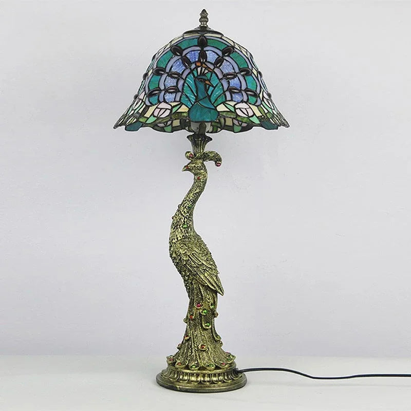 Afralia™ Peacock Stained Glass LED Bedside Table Lamp for Living Room Bedroom Lighting