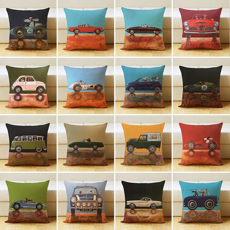 Afralia™ Cartoon Dog Car Drive Pillow Cover 45x45cm Linen Sofa Home Decor