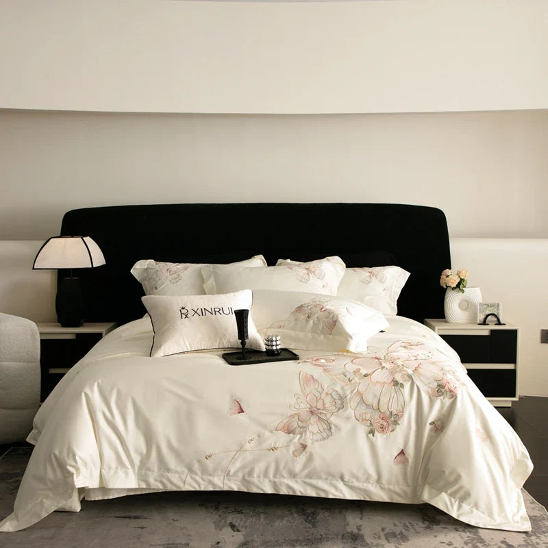 Afralia™ Luxe Butterfly Flowers Embroidery Bedding Set 800TC Egyptian Cotton Duvet Covers Sheets Pillowcases