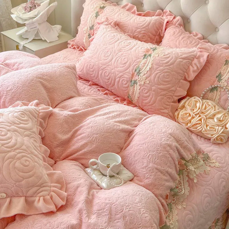 Afralia™ Pink Flowers Lace Ruffles Princess Velvet Bedding Set