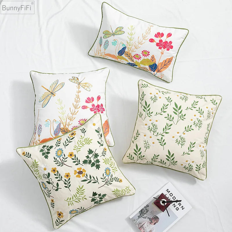 Afralia™ Daisy Floral Green Leaves Embroidery Cushion Cover for Living Room Bedroom
