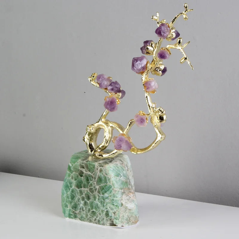 Afralia™ Amethyst Brass Tree Ornament Crystal Simulation Plant Sculpture Home Decoration
