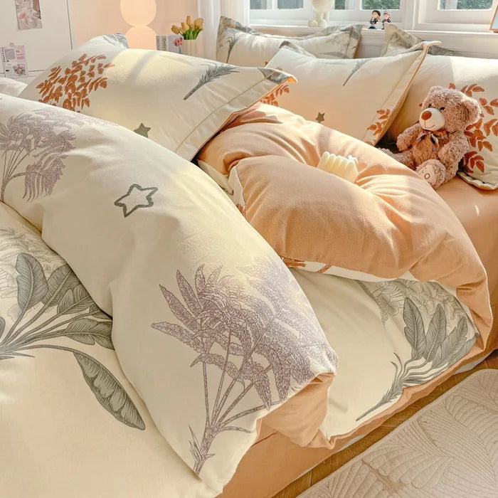 Afralia™ Plant Printed Cotton Brushed Duvet Cover Set for Double Bed
