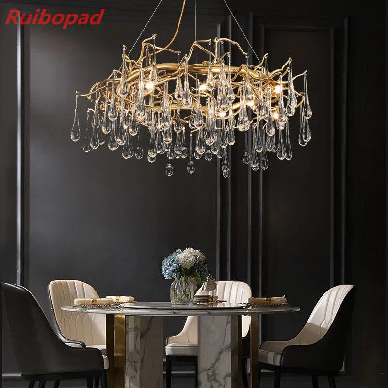 Afralia™ Elegant Gold Metal Branch Chandelier with Glass Water Drop Crystals