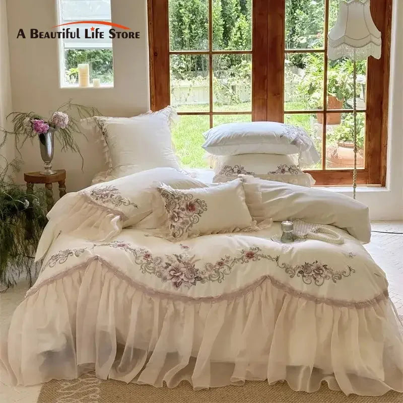 Afralia™ Elegant Flowers Embroidery Lace Princess Wedding Bedding Set - 1200TC Cotton Duvet Cover