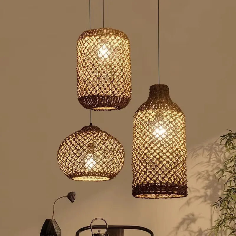 Afralia™ Hand-woven Natural Rattan Chandelier Pendant Light for Living Room Décor