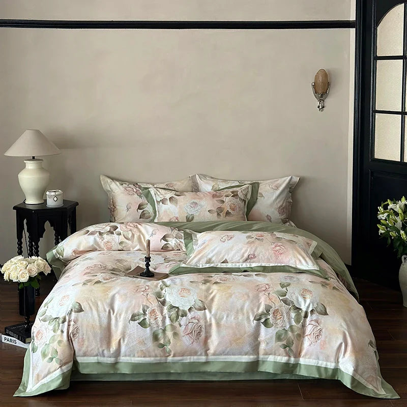 Afralia™ Egyptian Cotton French Rose Flower Print Bedding Set with Vintage Charm