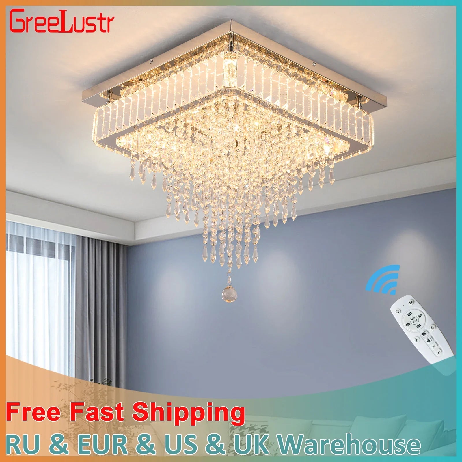 Afralia™ Crystal Square LED Chandelier: Modern Dimmable Ceiling Light for Bedroom, Living, Dinning Rooms