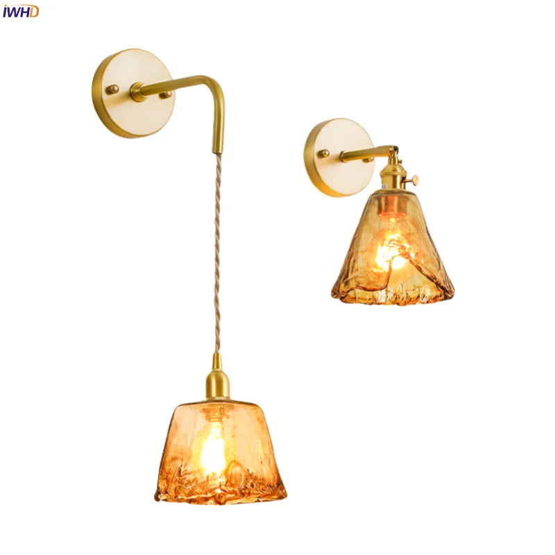 Afralia™ Japanese Amber Glass LED Wall Lamp Copper Vintage Design