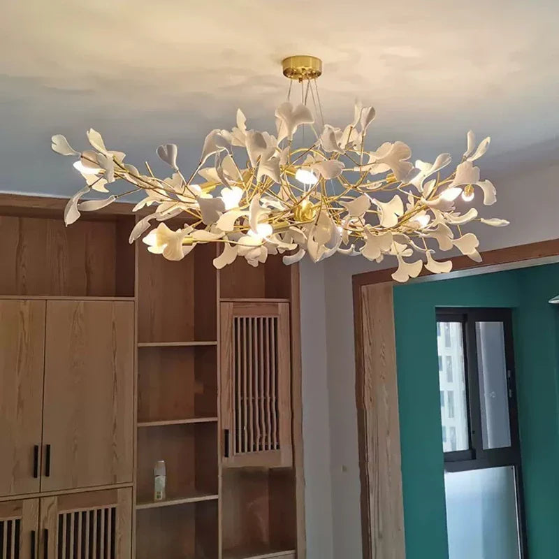 Afralia™ Ginkgo Leaf Chandelier Ceramic Acrylic Pendant Lamp for Living Dining Bedroom