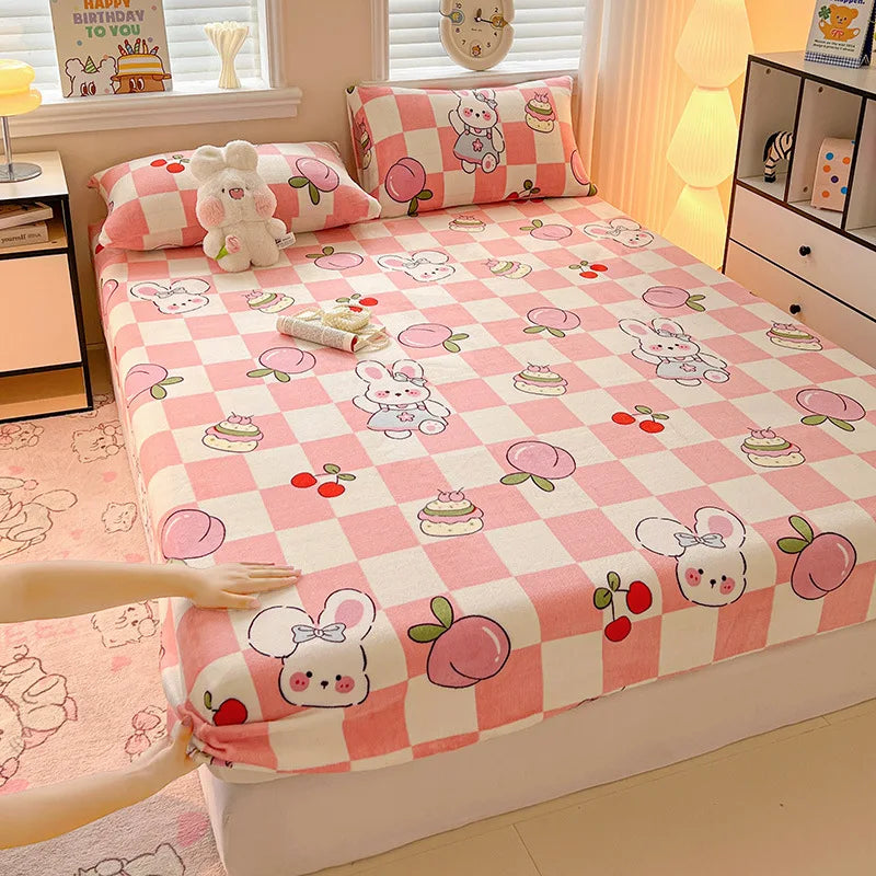 Afralia™ Milk Velvet Cartoon Printed Fitted Sheet - Cozy Plush Mattress Cover