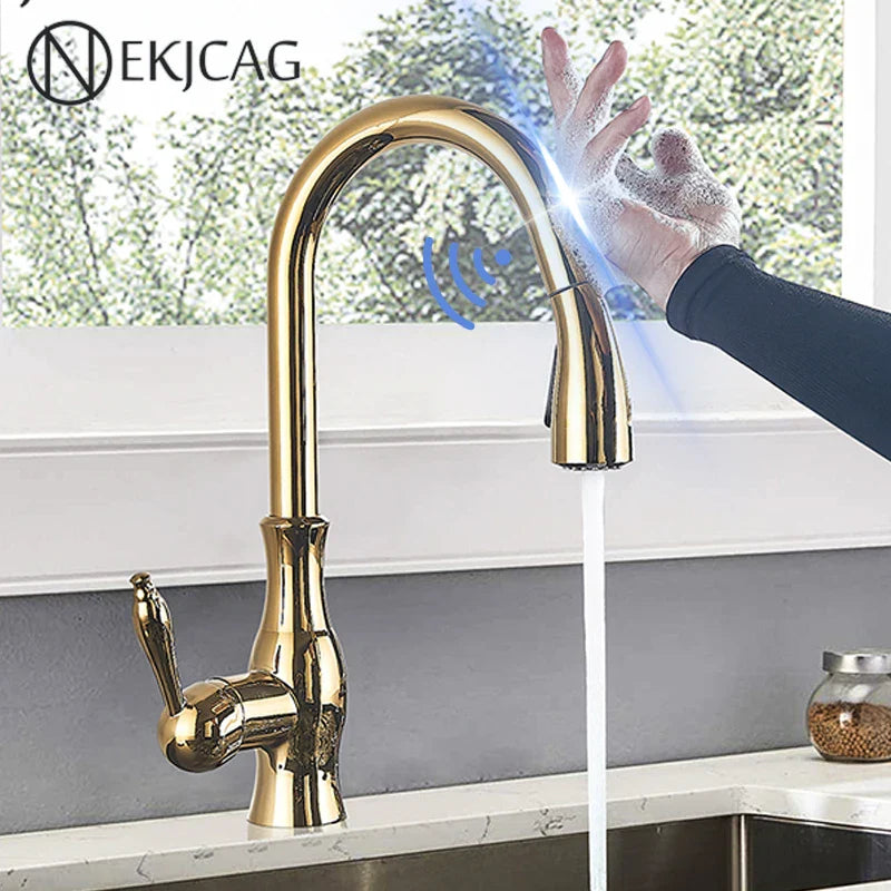 Afralia™ Gold Sensor Kitchen Faucet Pull Out Touch Control Mixer Tap Sink Crane