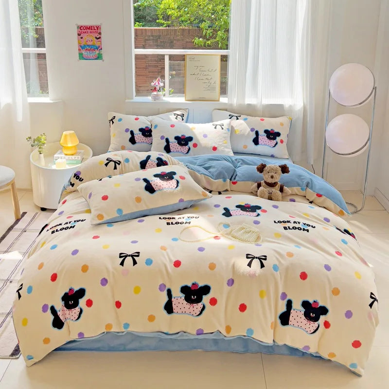 Afralia™ Snowflake Velvet Cute Cartoon Flower Bedding Set for Single Queen