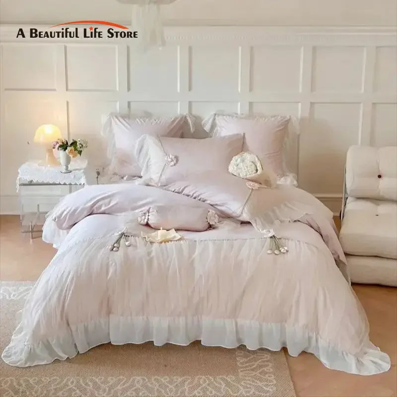 Afralia™ Princess 1000TC Egyptian Cotton Bedding Set with Handmade Flowers & Lace Ruffles