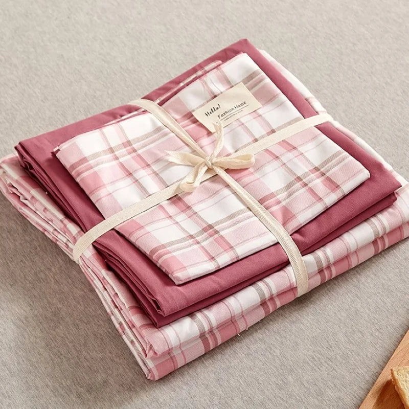 Afralia™ Japanese Grid Printed Cotton Bedding Set in Queen/King for Cozy Sleep