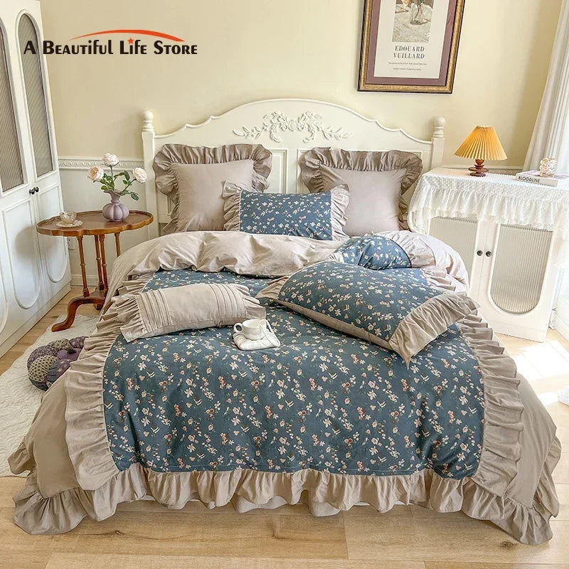 Afralia™ Vintage Floral Cotton Bedding Set with Pleat Ruffles and Duvet Cover