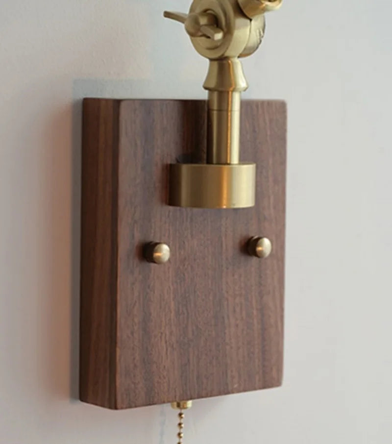 Afralia™ Ash Wood LED Swing Arm Wall Light with Pull Chain Switch & Blue Glass