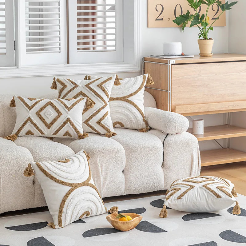 Afralia™ Geometric Cotton Embroidered Pillow Case with Tufted Fringe, Decorative Sofa Cushion Cover