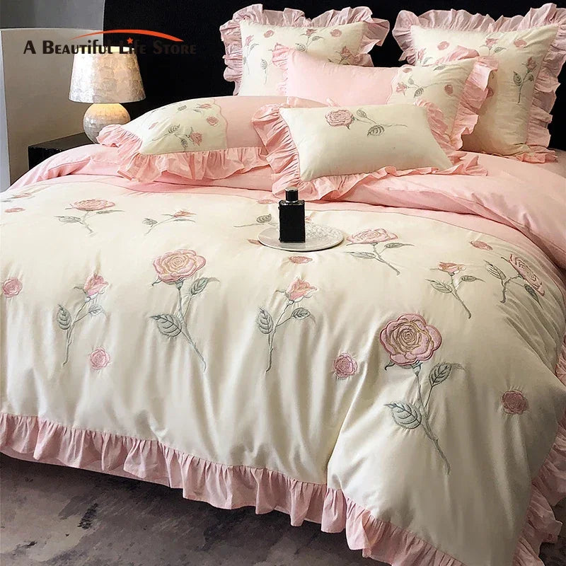 Afralia™ Vintage Pink Red Rose Flowers Embroidery Bedding Set with Ruffles