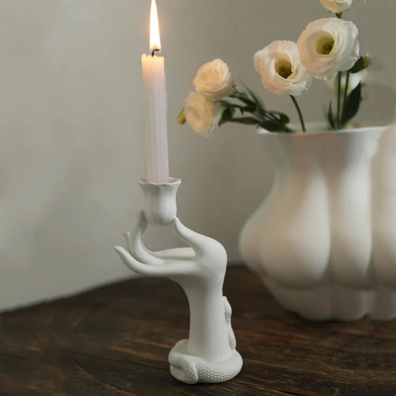 Afralia™ Ceramic Candle Holders Arm Lifting Flowers Hand Candlesticks White Decor