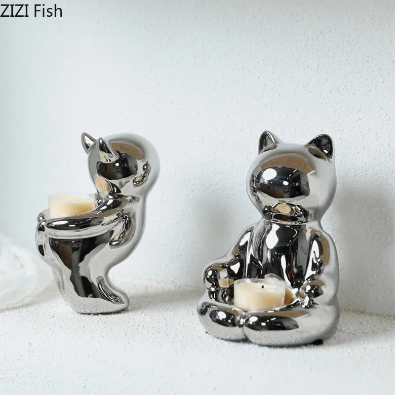 Afralia™ Silver Ceramic Cat Candle Holder Home Aroma Container & Decorative Desk Ornament