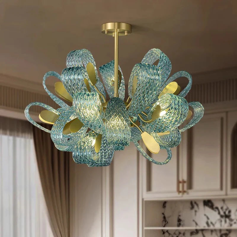 Afralia™ Blue Glass Flower Ceiling Chandelier Copper Hanging Lamps