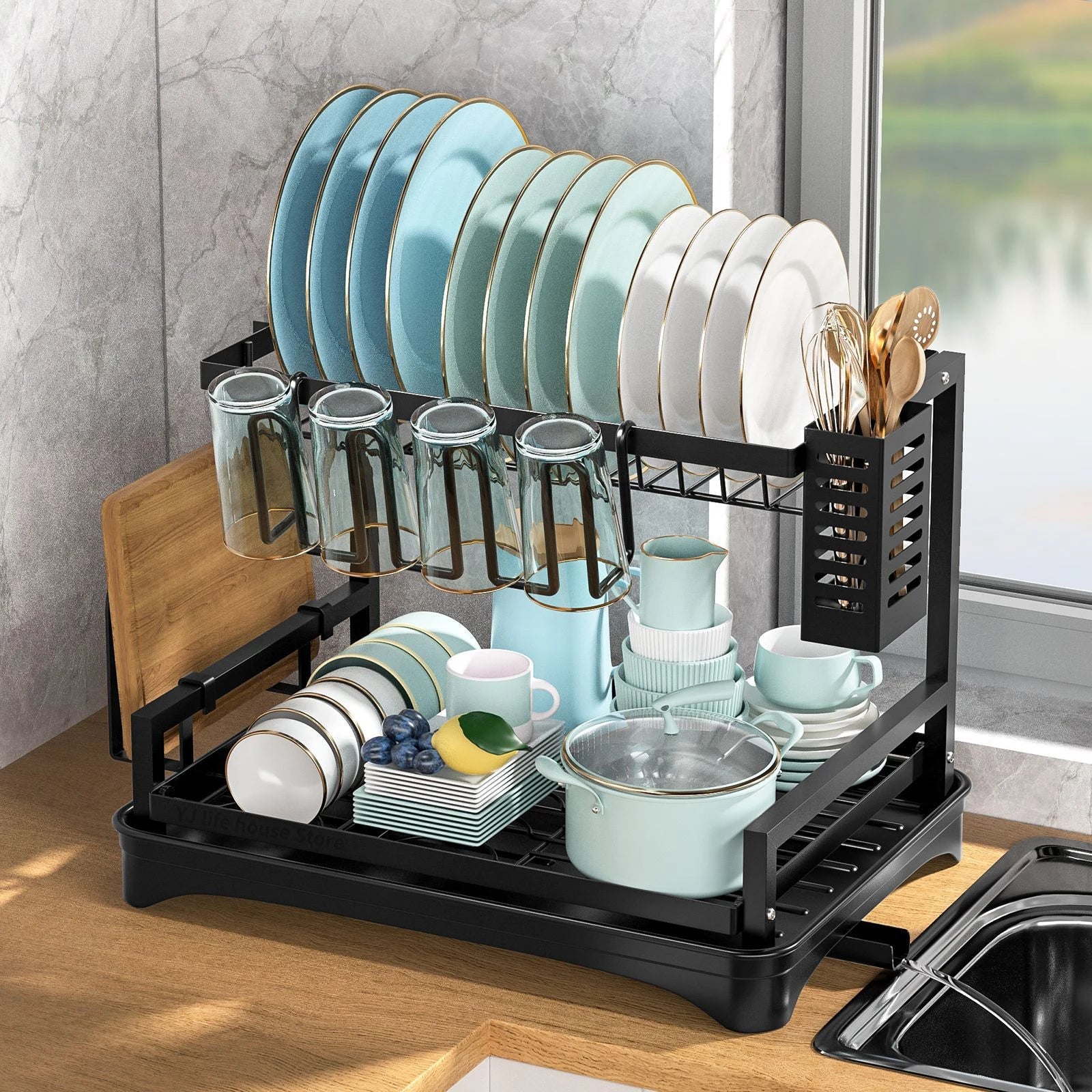 Afralia™ Double-layer Dish Drying Rack Kitchen Sink Organizer Drainboard Storage