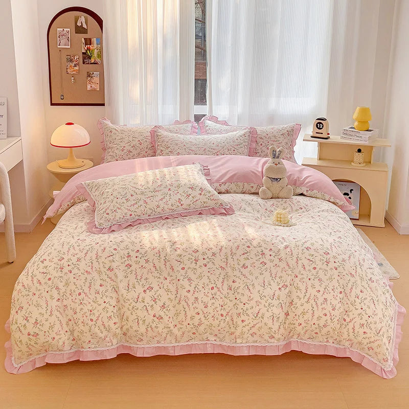Afralia™ Floral Ruffles Bedding Set with Duvet Cover, Sheets, and Pillowcases