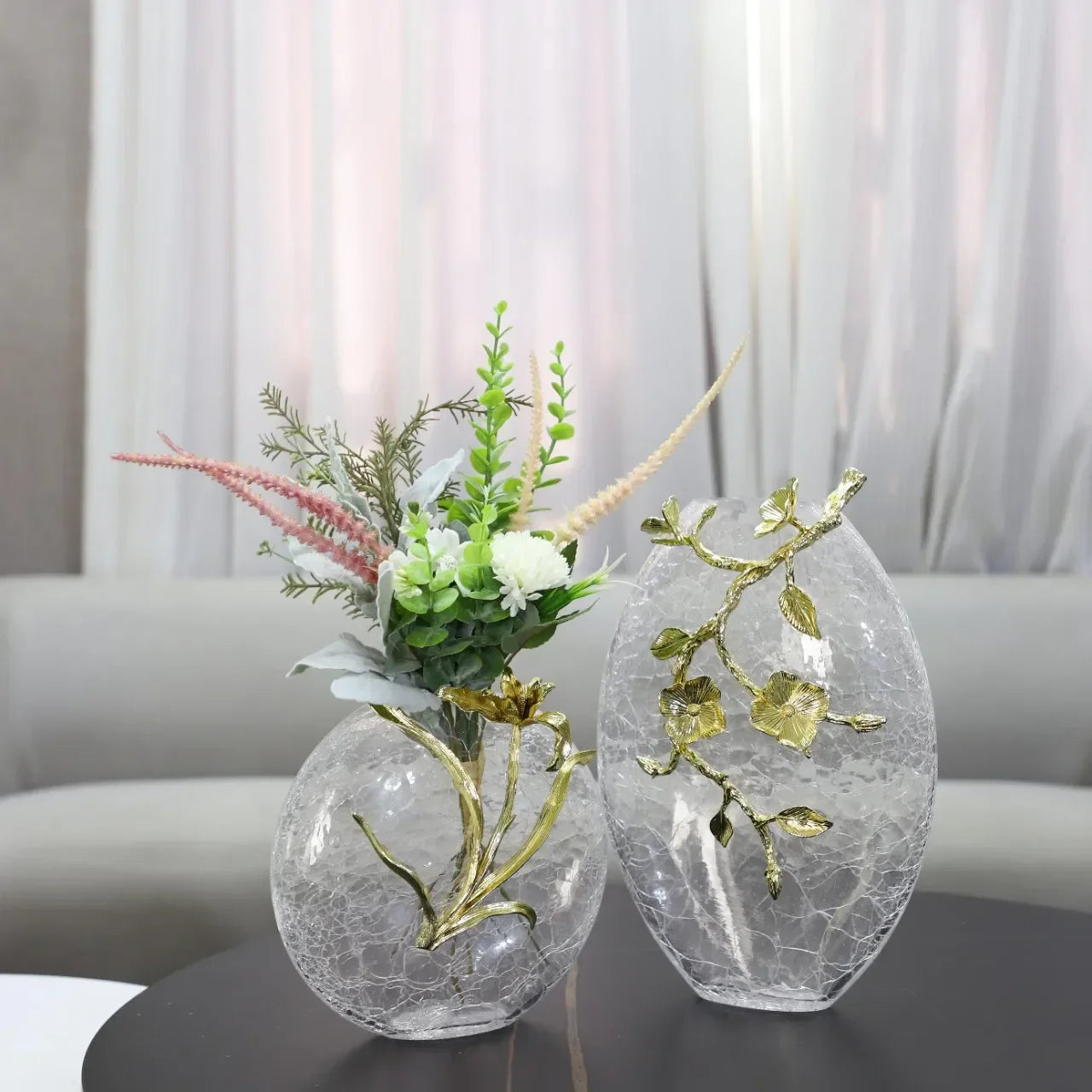 Afralia™ Round Golden Embossed Glass Vase for Home Decoration