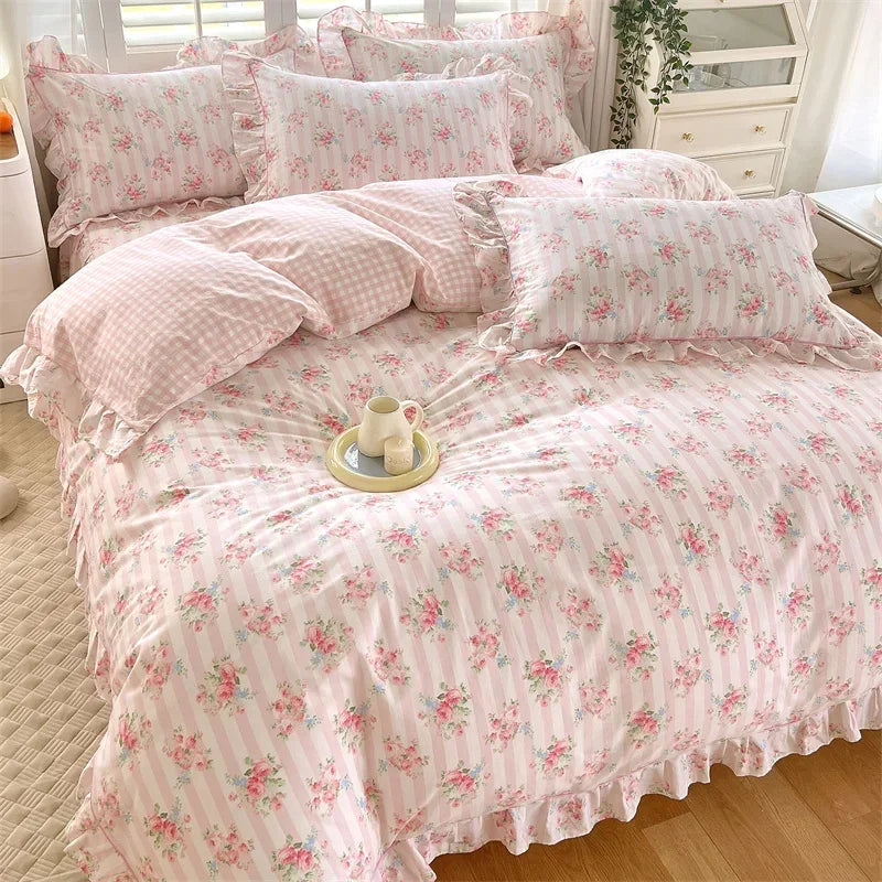 Afralia™ Floral Princess 100% Cotton Duvet Set for Queen Size Bed