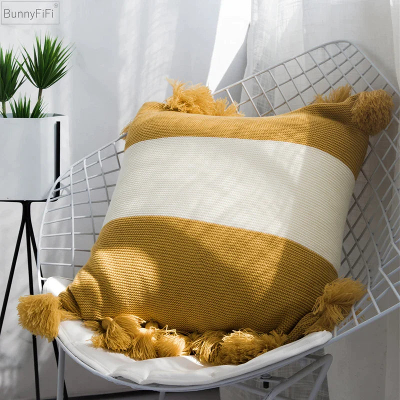 Afralia™ Mustard Stripe Tassels Cushion Cover 45cm Soft Ball Vintage Home Decor