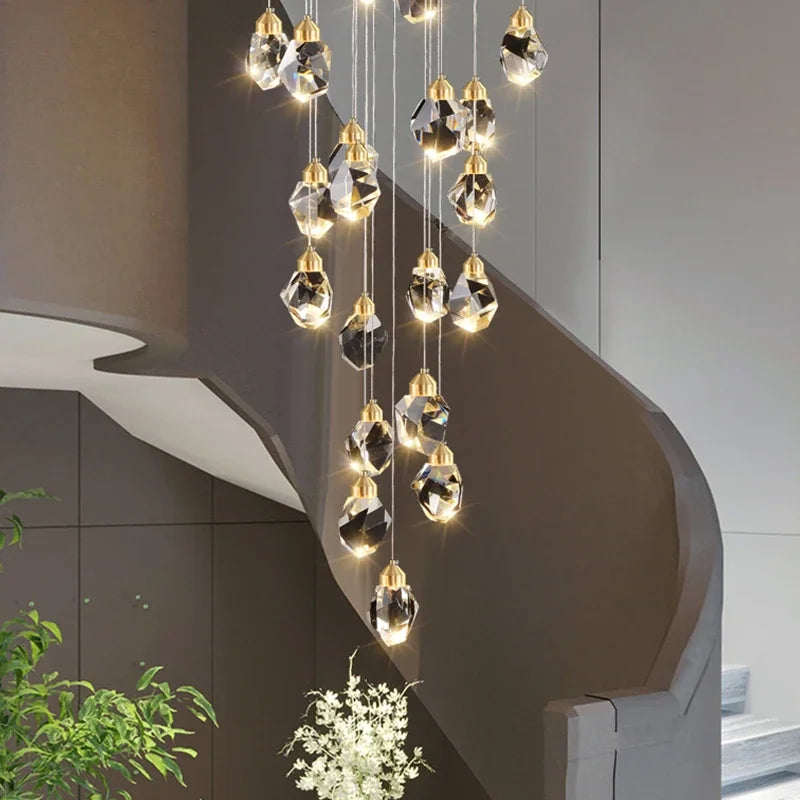 Afralia™ Nordic Crystal Cube Chandelier LED Light for Home Staircase Loft Living Room
