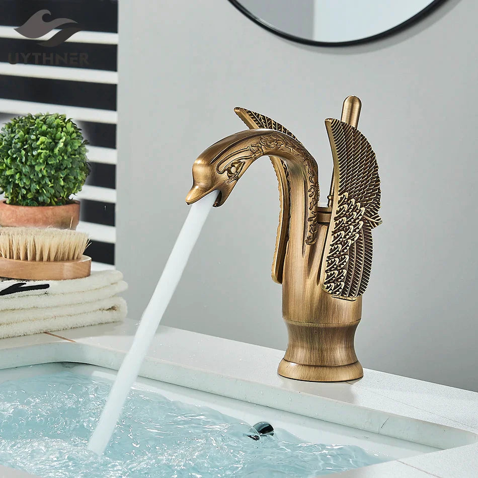 Afralia™ Swan Luxury Brass Faucet Black/Gold/Antique Bathroom Mixer Taps - Hot Cold Water