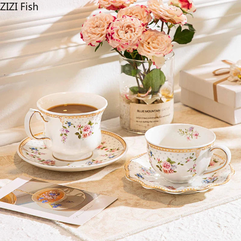 Afralia™ Ceramic Cup & Saucer Set, Gold-Plated Edge, Flower Pattern, Tea & Coffee Mug