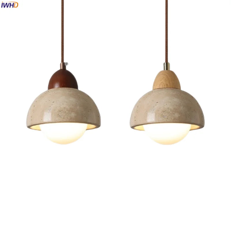 Afralia™ Japanese LED Hanging Lamp Yellow Travertine Pendant Lighting for Bedroom and Dining Room