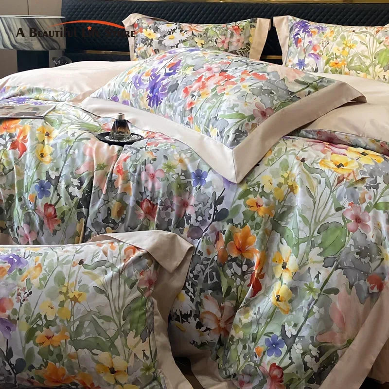 Afralia™ Floral Print 600TC Cotton Bedding Duvet Set with Sheets & Pillowcases