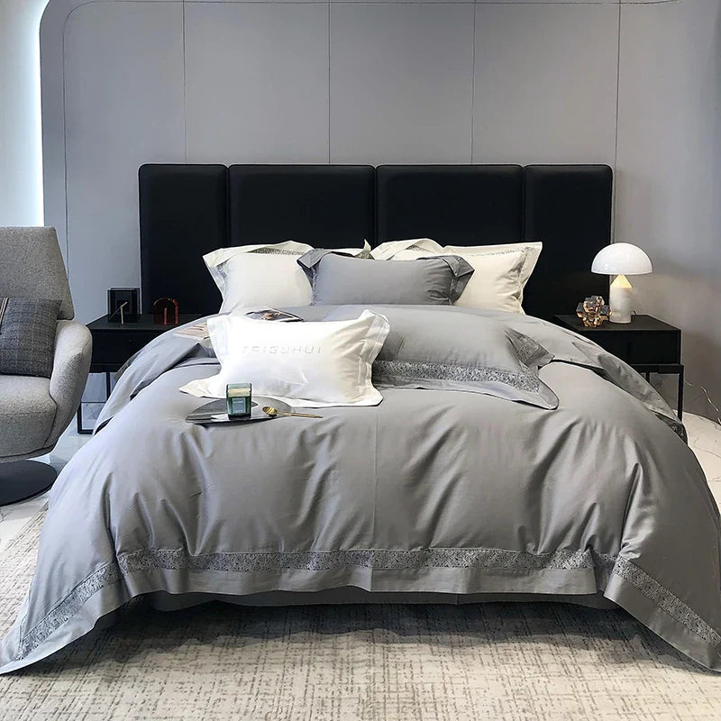 Afralia™ Grey Hollow Lace 1000TC Egyptian Cotton Bedding Set with Wide Edge