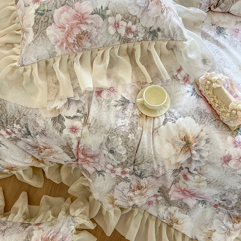 Afralia™ French Vintage Lace Princess Bedding Set with Floral Print Quilt Cover