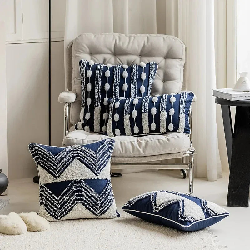 Afralia™ Navy Blue Tufted Geometric Loop Tassel Patchwork Pillow Covers for Sofa