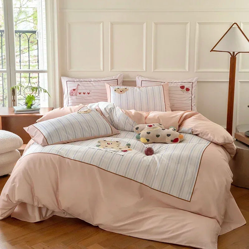Afralia™ Cotton Embroidered King Queen Bedding Set with High-Quality Duvet Cover Pillowcases