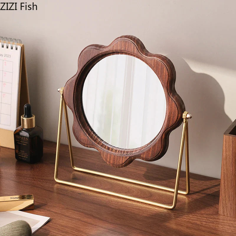 Afralia™ Floral Dressing Table Mirror with Golden Bracket - Vintage Crafts Circular Vanity Decor Mirror