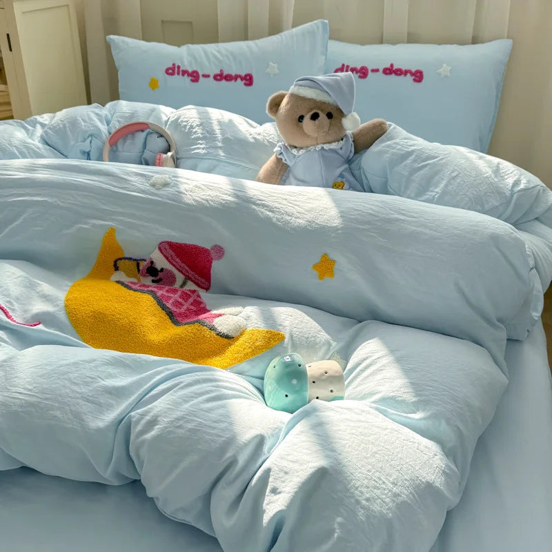 Afralia™ Cartoon Towel Embroidery Bedding Set - Queen Size Bedclothes