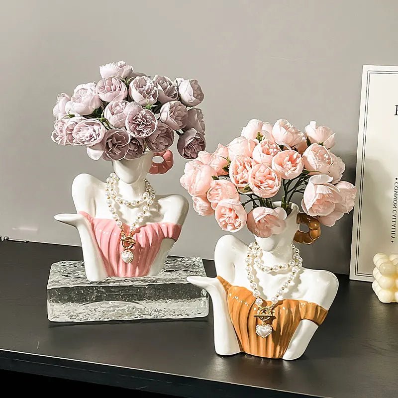 Afralia™ Woman Statue Ceramic Vase Home Decor Flower Arrangement Accessory