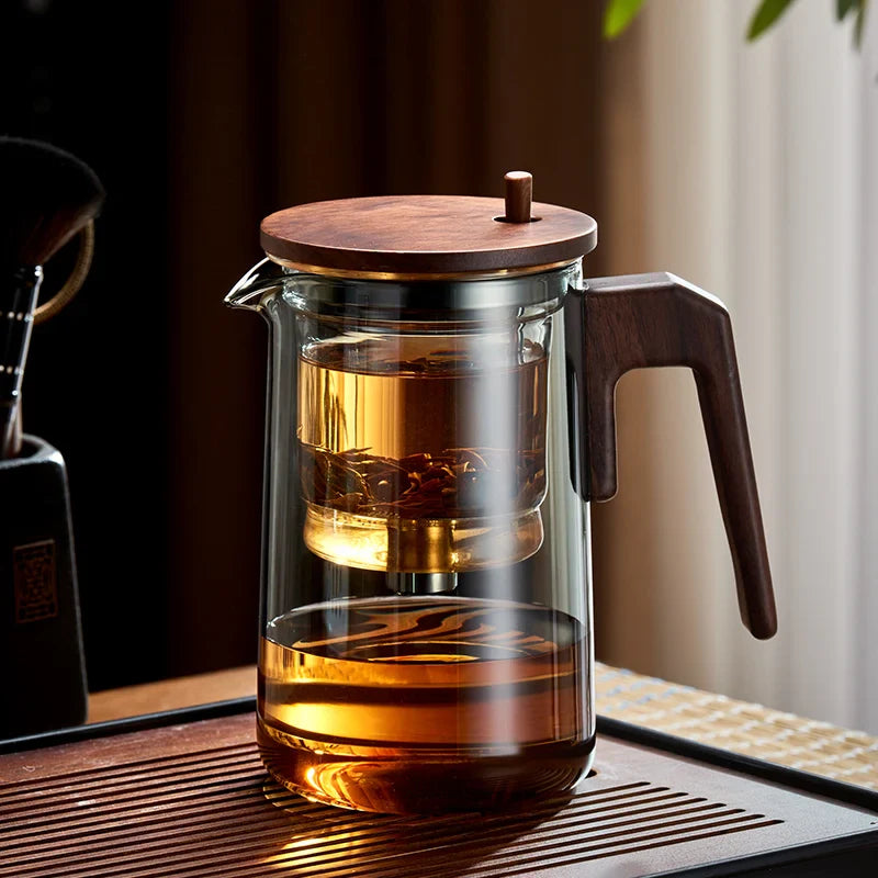 Afralia™ Glass Teapot with Wood Handle and One-Button Filtering - Heat Resistant Tea Kettle