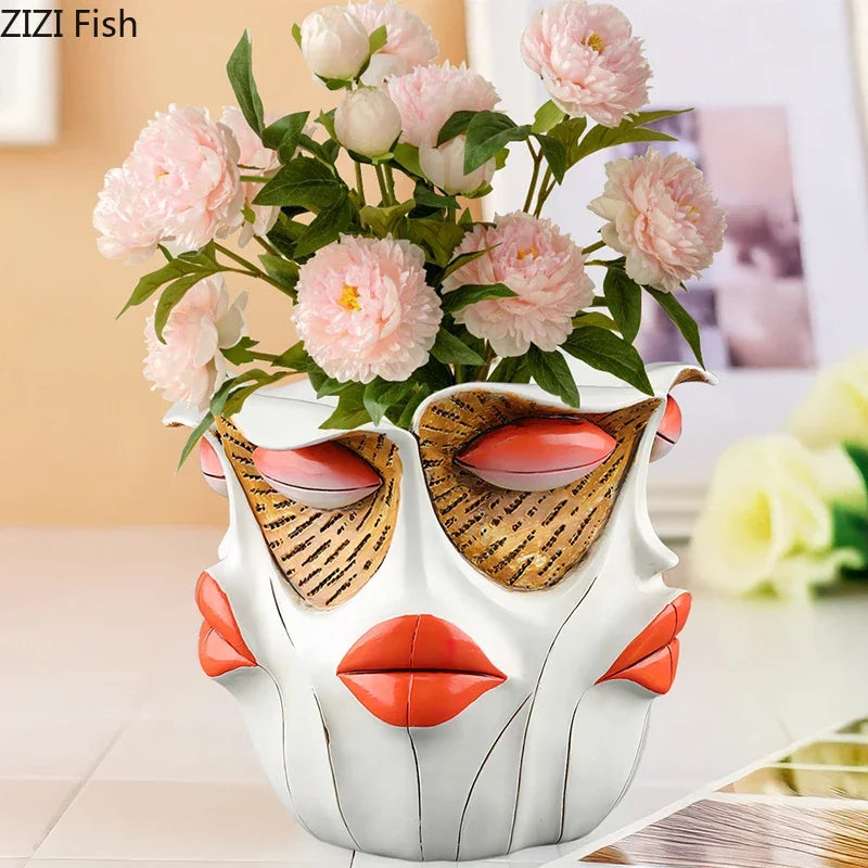 Afralia™ Red Lips Face Vase Artificial Flower Arrangement Desk Decoration
