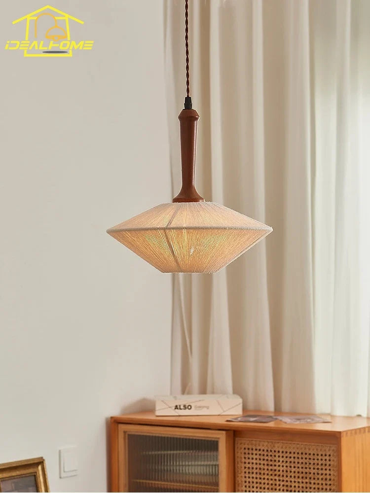 Afralia™ Wabi-sabi Cotton Thread Pendant Lights LED E27 Solid Wood Hanging Lamp Zen Decor