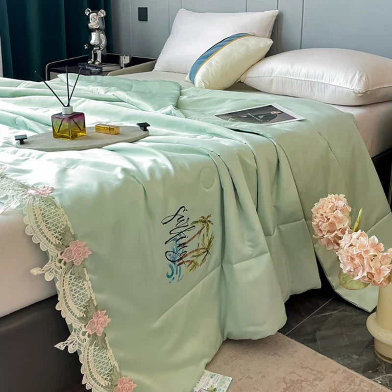 Afralia™ Lace Edge Flowers Embroidery Cool Blanket for Bed - Machine Washable Summer Quilt