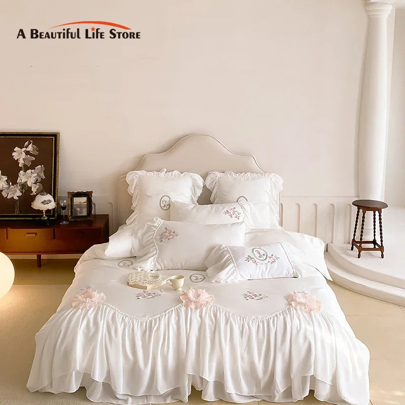 Afralia™ Lace Ruffles Flowers Embroidery 4Pc Egyptian Cotton Bedding Set