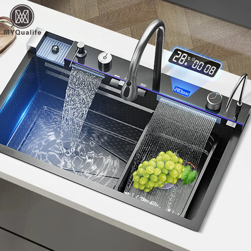 Afralia™ Stainless Steel Waterfall Kitchen Sink with Digital Faucet Set & Soap Dispenser
