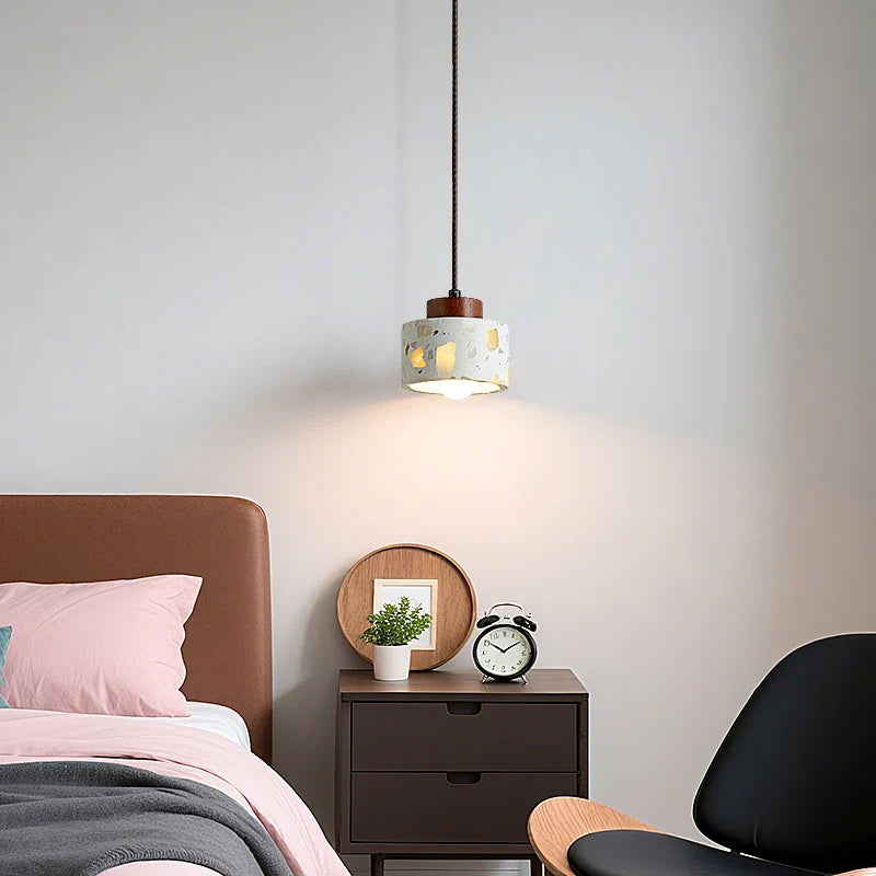 Afralia™ Terrazzo Brown Wood LED Pendant Light Fixture Stone Hanging Lamp